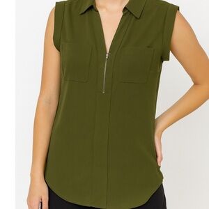 Love Tree Olive Green Women's Blouse zipper detail. Sleeveless  lightweight LG